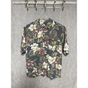 Tommy Bahama Shirt Men L Black Blue Floral Hawaiian Button Up Beach Tropic Aloha